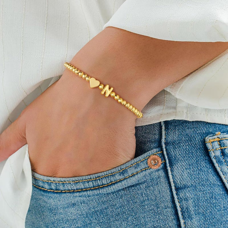 M MOOHAM Heart Initial Bracelet for Women - Valentines Day Gifts for Kids Girls, Dainty 14K Gold Plated Beaded Bracelets for Women Teen Girls Trendy Letter A-Z Personalized Heart Jewelry Gifts - Image 2